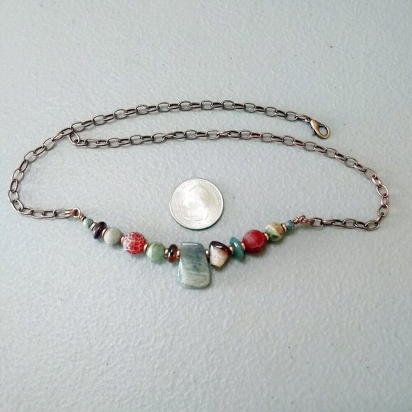 Asymmetrical Choker! Semi-Precious Stone Beads + Copper! Uniquely Handmade! - Picture 5 of 9